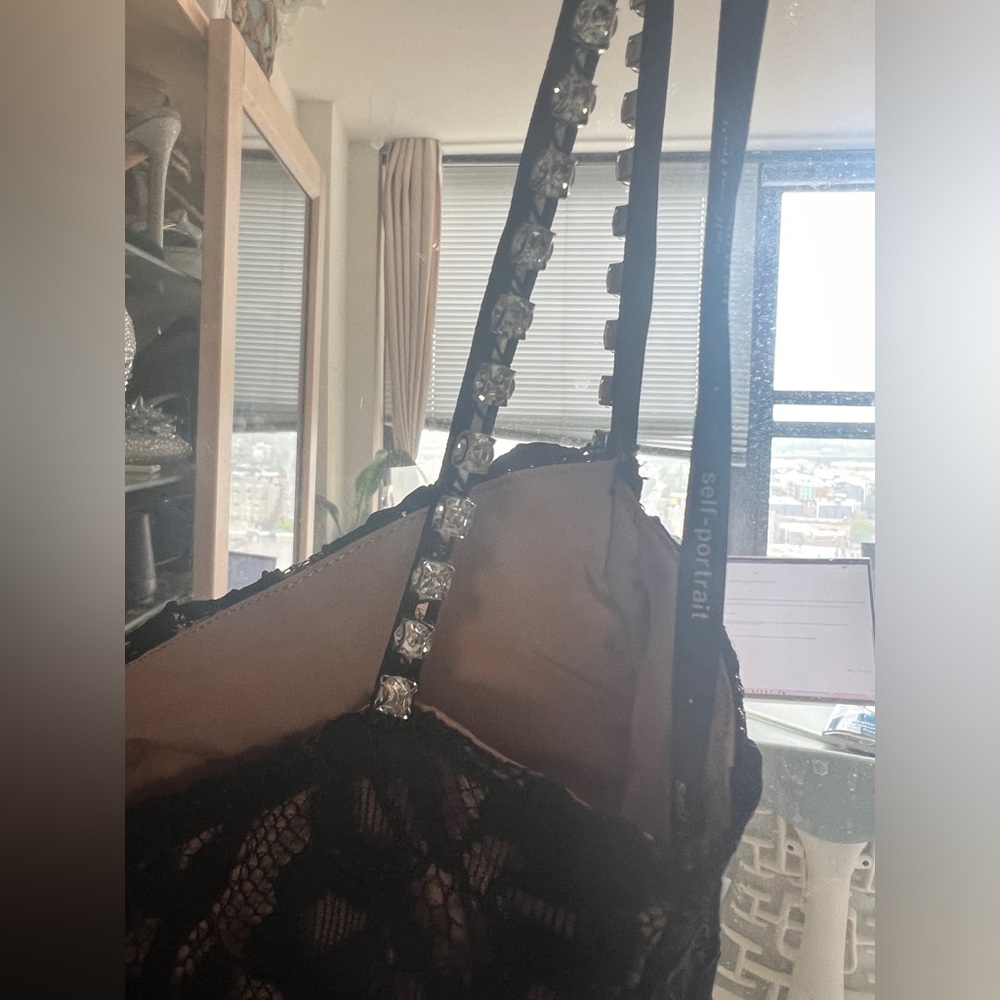 Self Portrait Black Lace Rhinestone Embellished Shoulder Strap Long Dress NWOT - Picture 9 of 14
